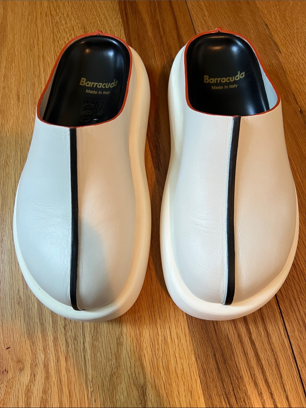White Leather Slip-On Clogs with Black and Brick Red Trim